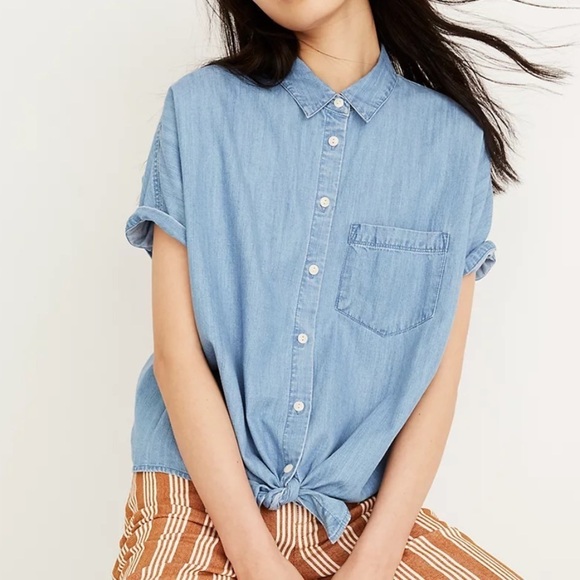 Madewell Denim Short-Sleeve Tie-Front Shirt Slouchy Relaxed Fit Size Small - Picture 2 of 6